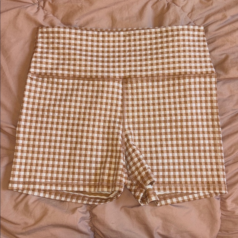 aerie Gingham High-Rise Bike Shorts - Beige & White - Picture 2 of 4
